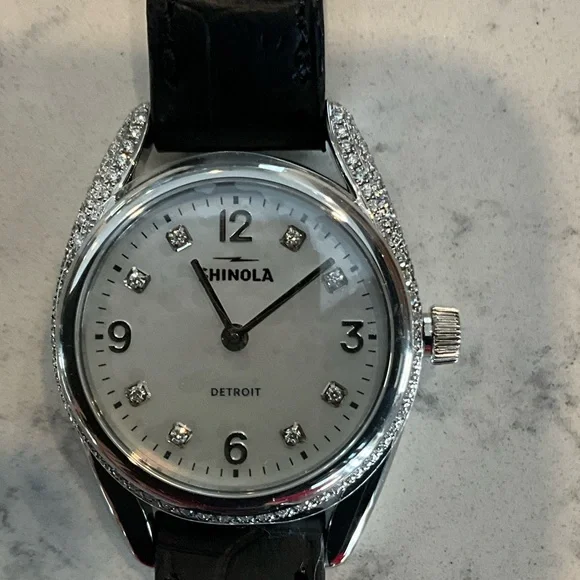 Shinola Silver Dial Watch with Black Strap.  Inspired by the bend of a horseshoe - Picture 3 of 5